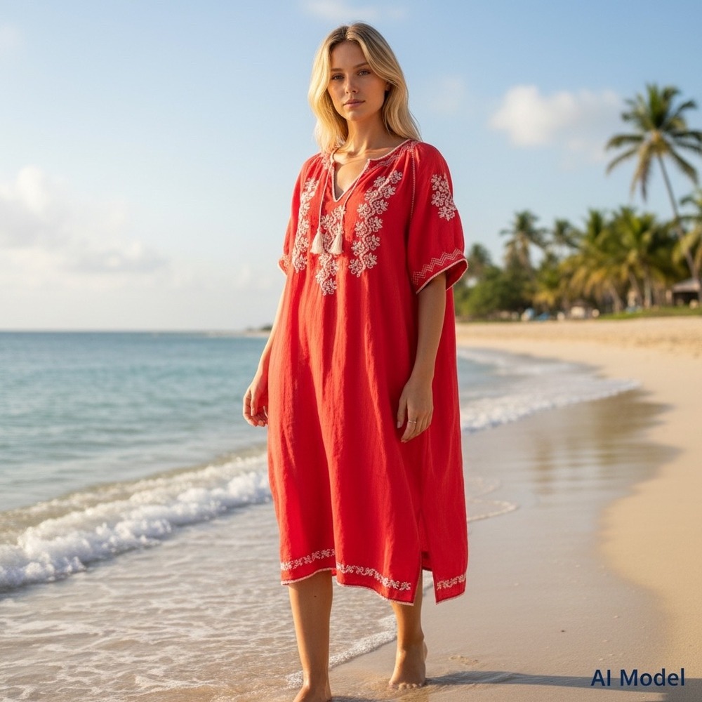 Laurel Embroidered Boho Midi Dress‎ Womens 4 Red White Tassel Cotton Shift